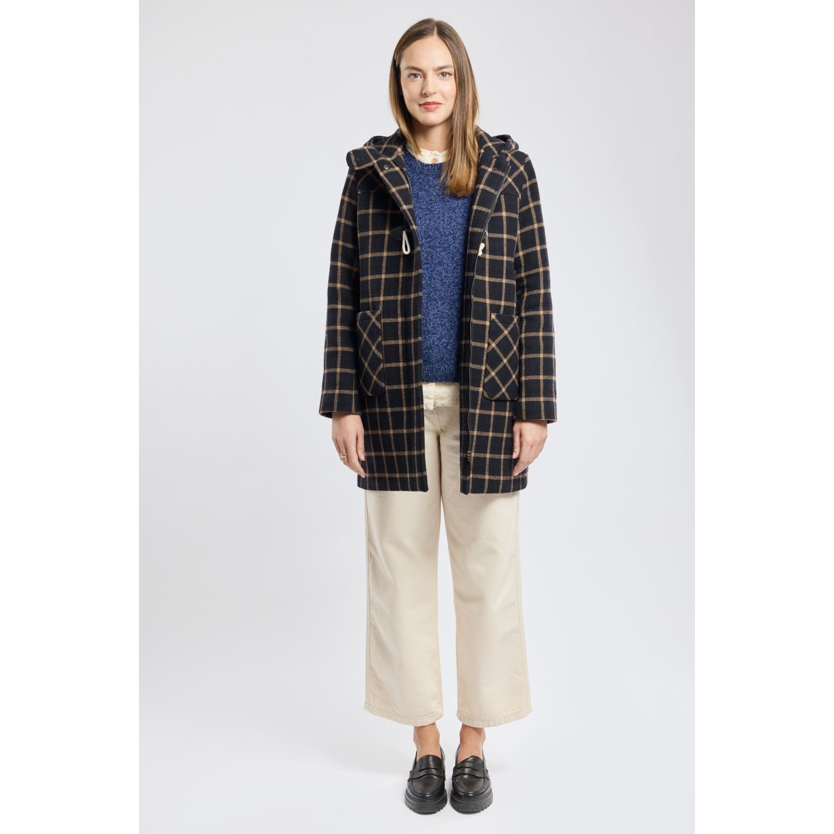 Duffle-coat à carreaux en drap de laine carreaux marine/beige, ARMOR-LUX