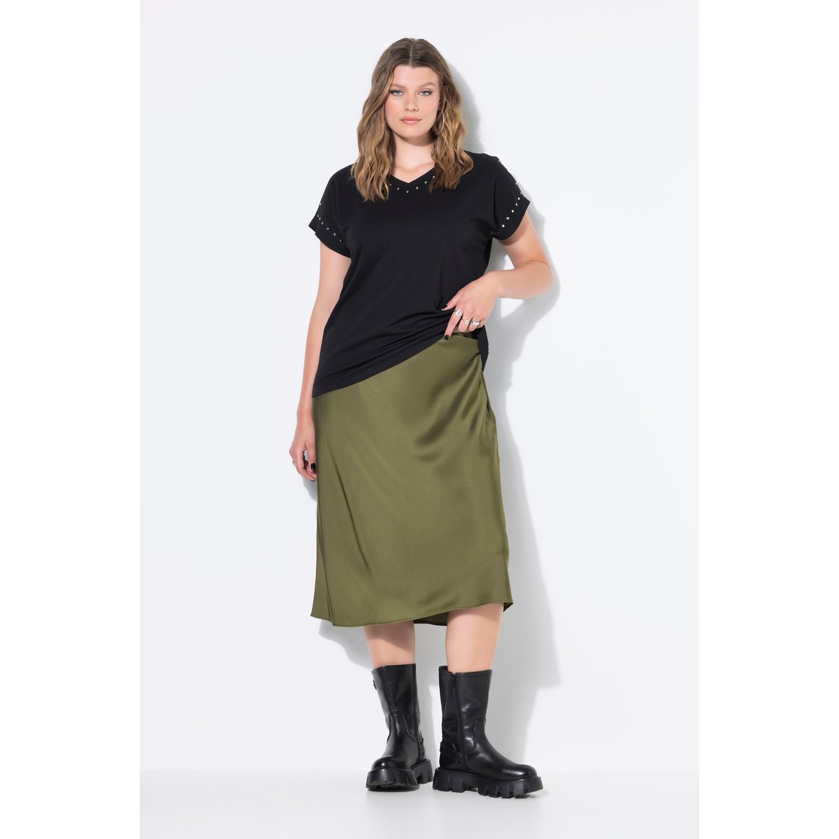 Jupe midi en satin coupe trapèze palmiers verts, STUDIO UNTOLD