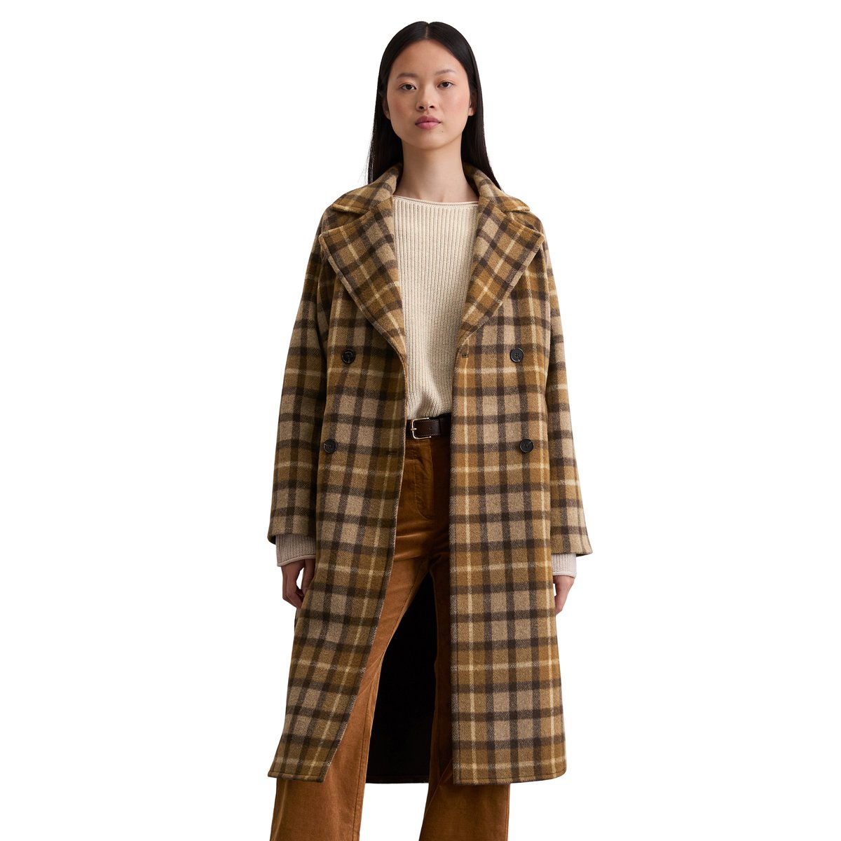 Manteau à carreaux relaxed en mélange de laine italienne beige, MARC O'POLO
