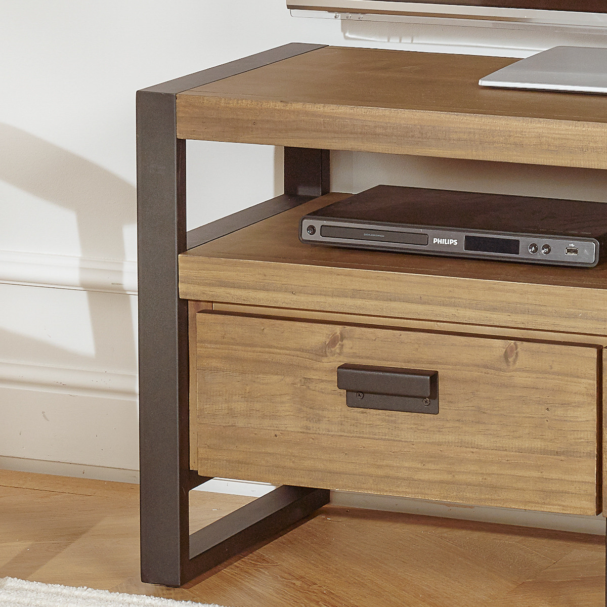 Meuble tv style contemporain en pin et métal, 2 tiroirs JACK marron, ROBIN DES BOIS