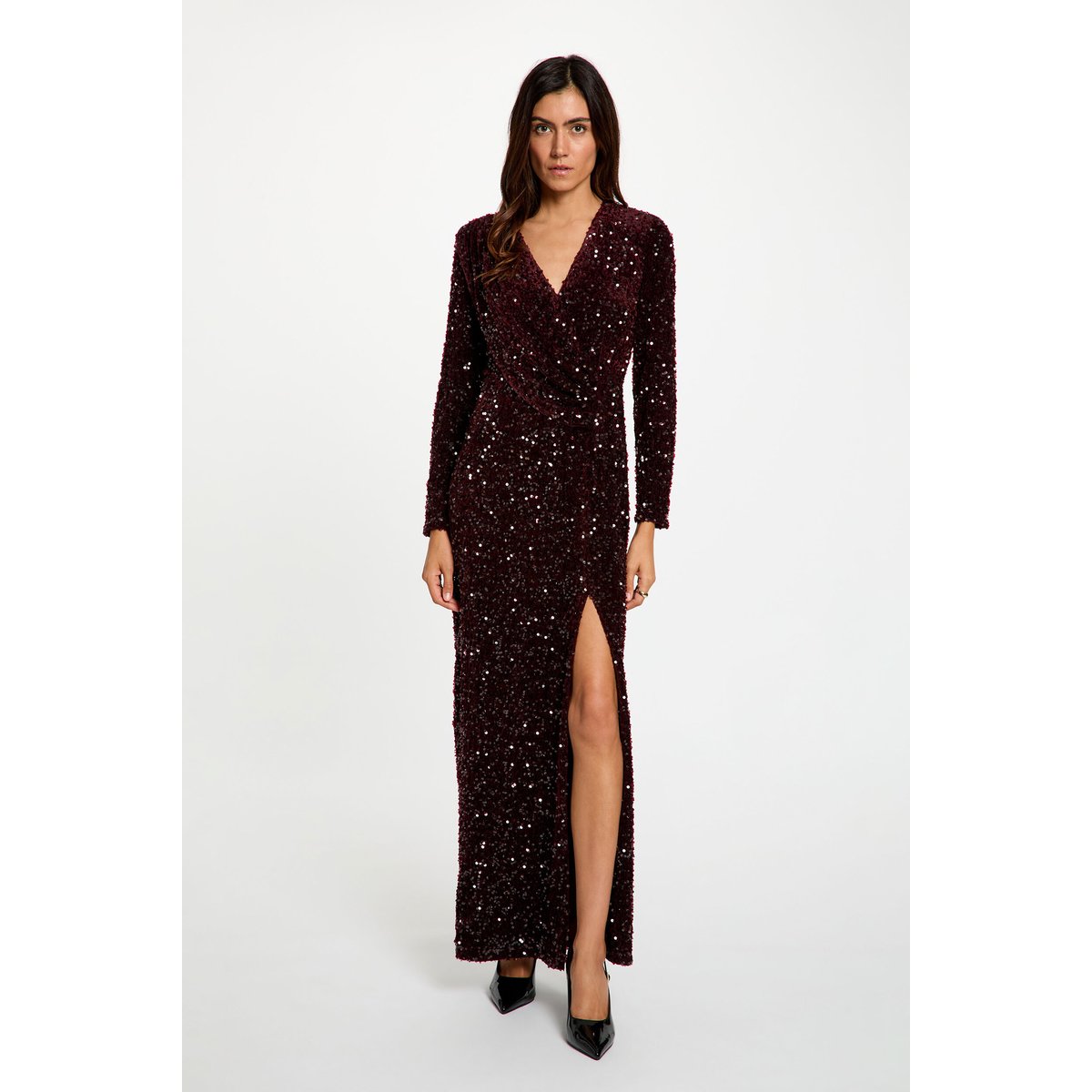 Robe longue ajustée sequins prune, MORGAN