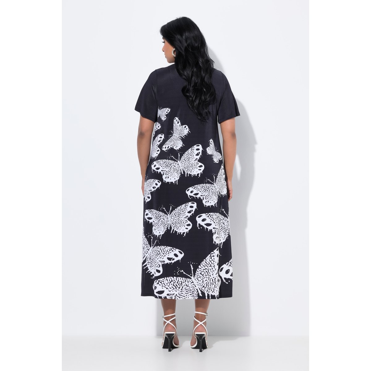 Robe midi fluide, motif papillons noir, ULLA POPKEN