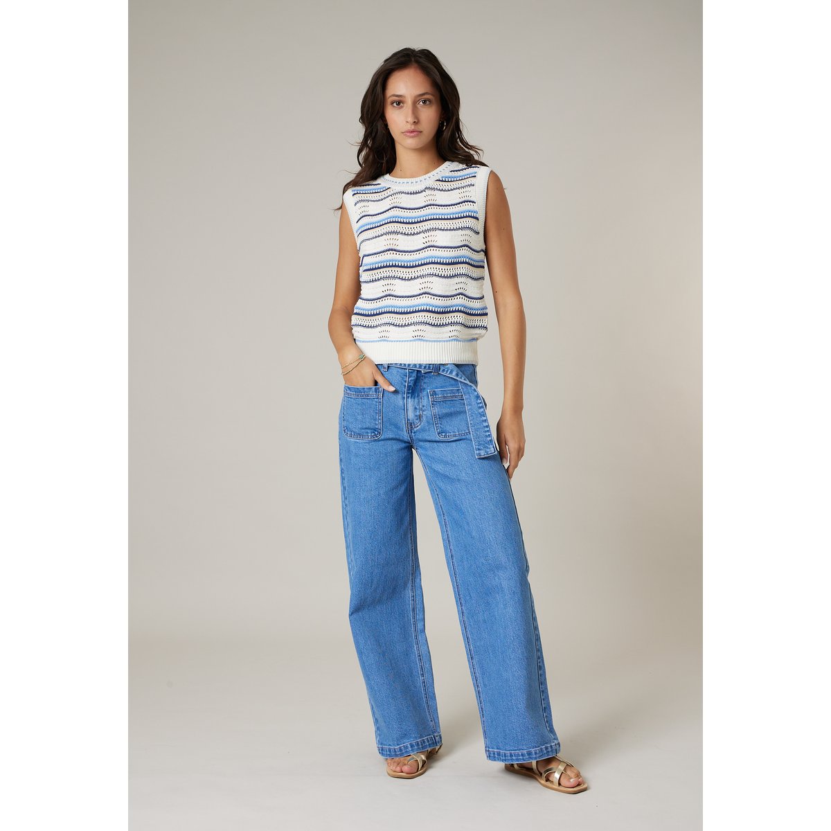 Pull sans manches femme en maille fantaisie SERJINE blue, DEELUXE