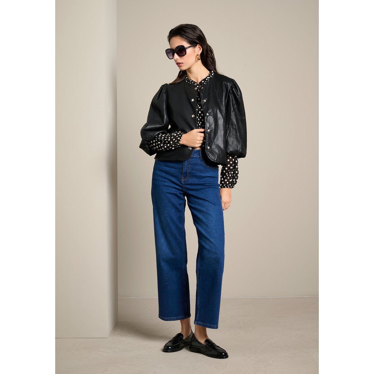 Veste effet cuir manches 3/4 bouffantes noir, LOLALIZA