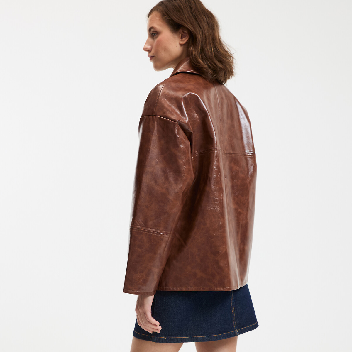 Mid-Length Buttoned Jacket in Faux Patent Leather brown, LA REDOUTE COLLECTIONS