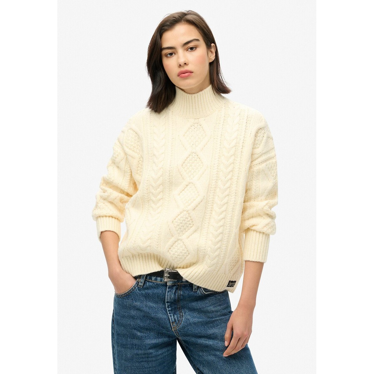 Pull torsadé col montant blanc, SUPERDRY