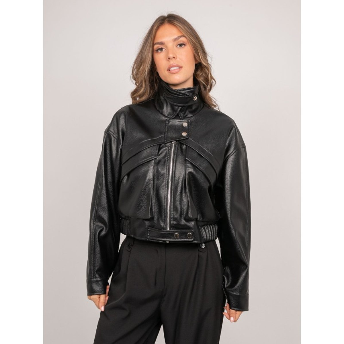 Blouson Court Simili Cuir Col Montant Uzay noir, DONA LISA
