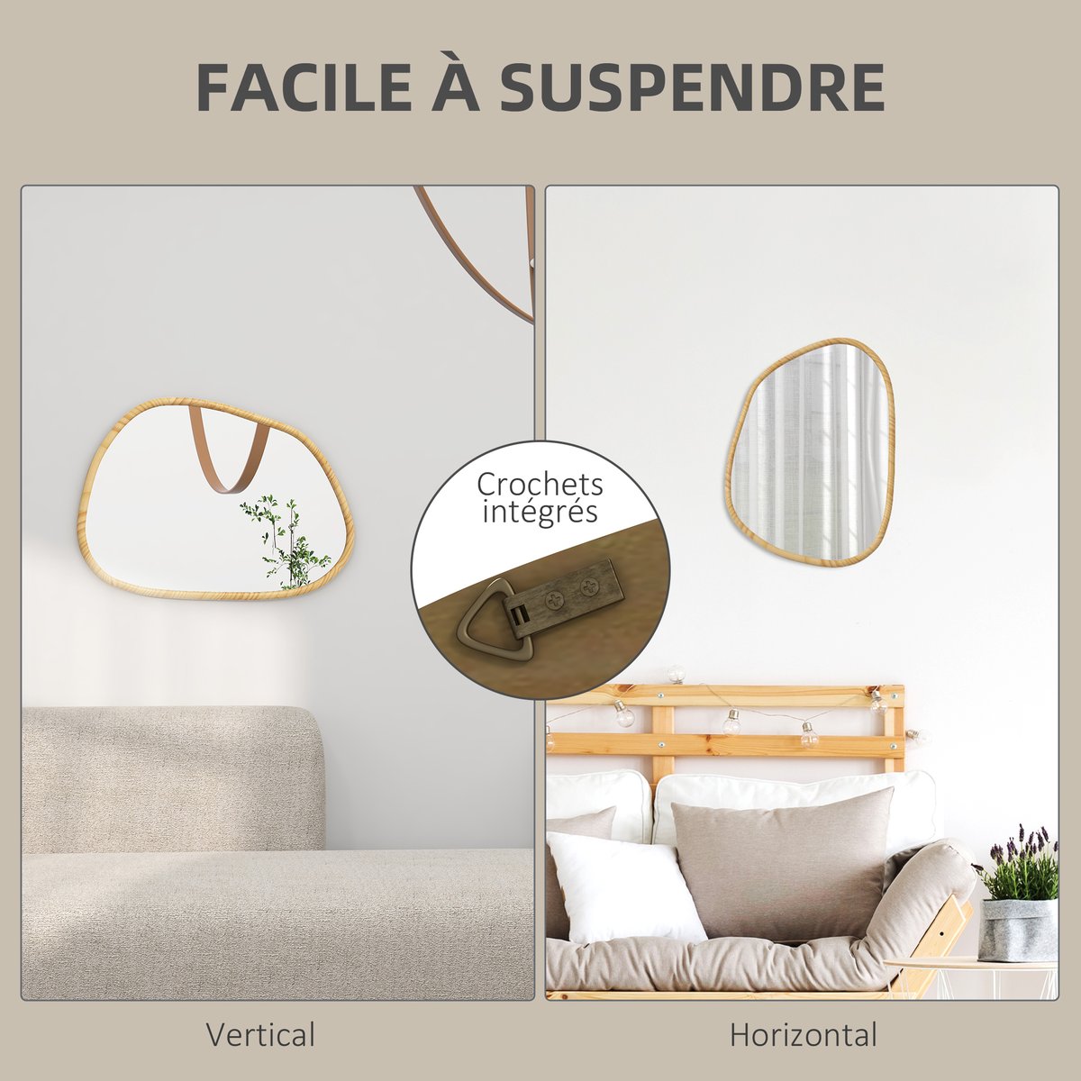 Miroir mural Bois de pin Bois naturel beige, HOMCOM