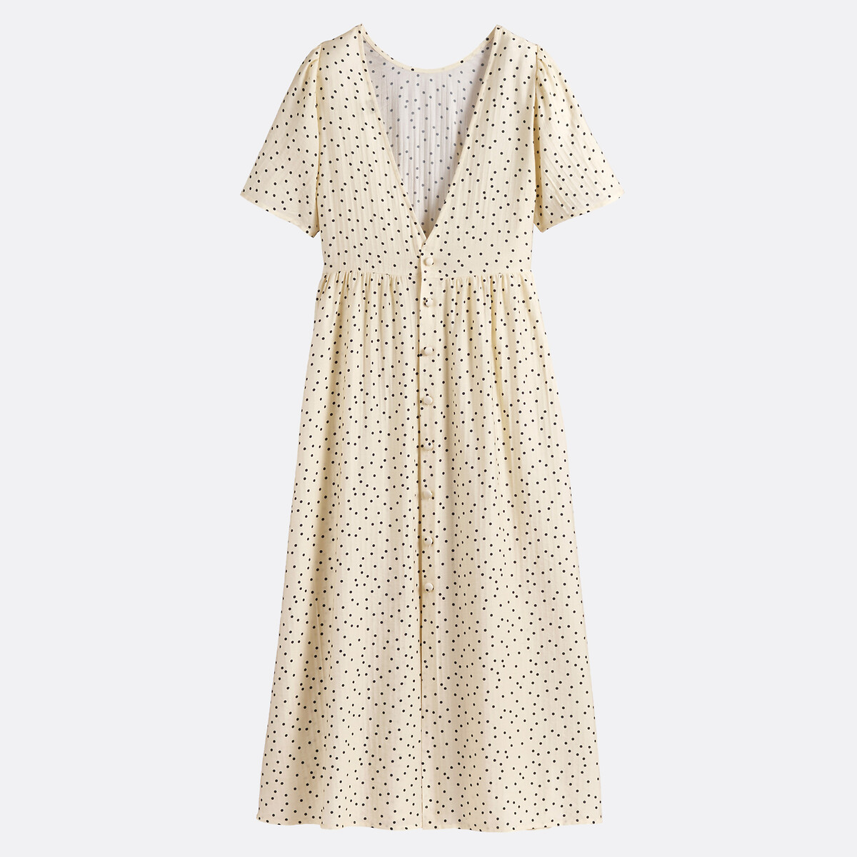 Robe longue col rond manches courtes à pois  imprimé pois fond écru, LA REDOUTE COLLECTIONS