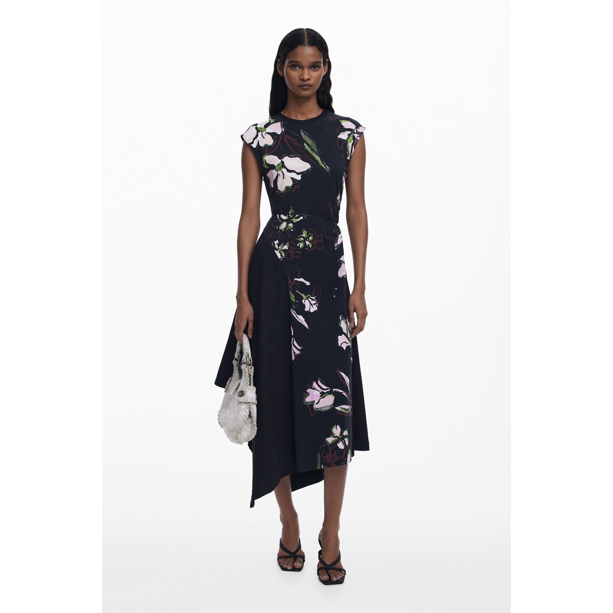 Robe asymétrique à fleurs noir, DESIGUAL