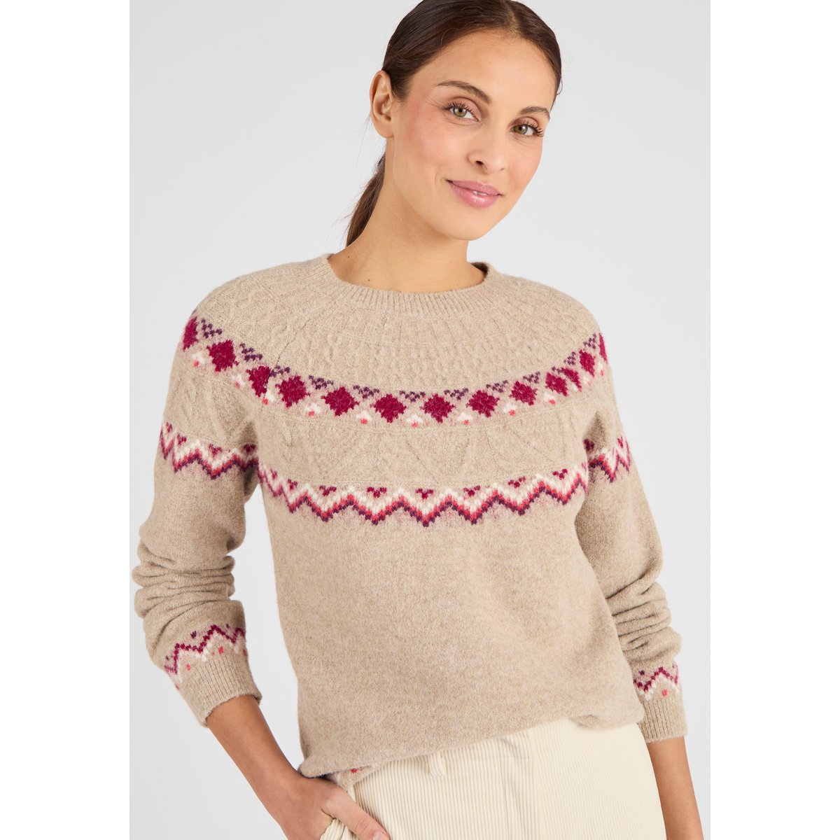 Pull jacquard Thermolactyl marron beige chiné, DAMART