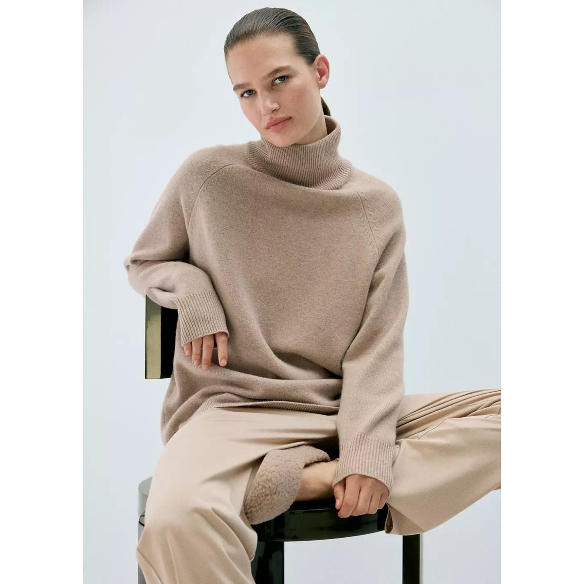 Pull-over 100 % laine col montant marron, MANGO