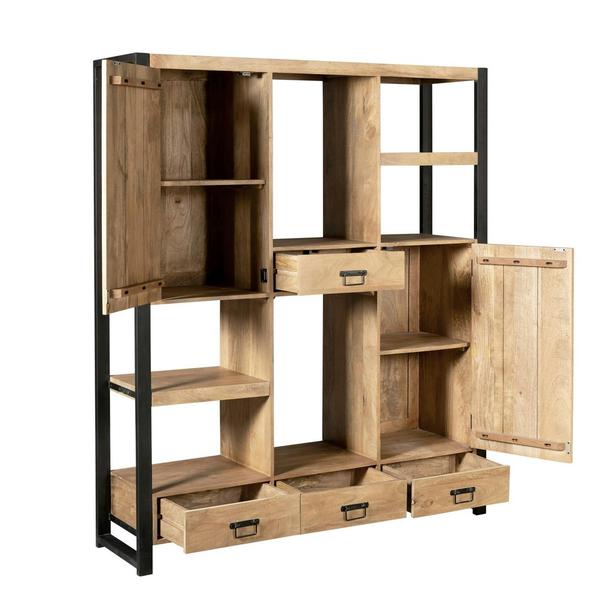 Bibliothèque salon bois clair métal noir avec rangement MILORA bois naturel, PIER IMPORT