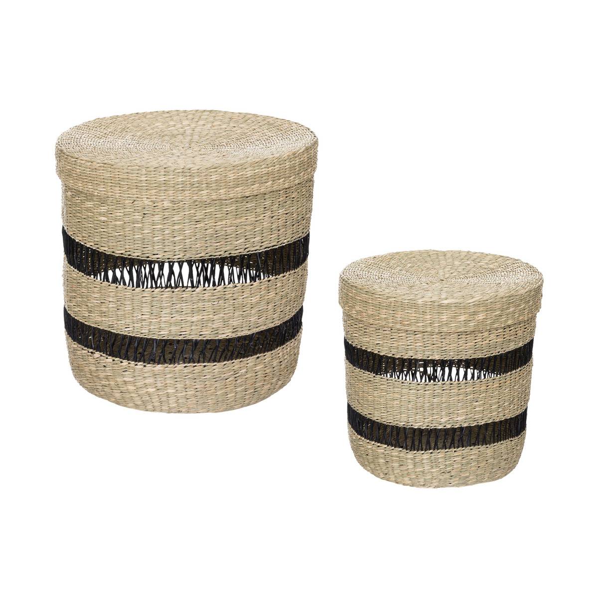 Lot de 2 paniers cylindriques avec couvercle en jonc tressé ajouré JAYLA beige, ATMOSPHERA