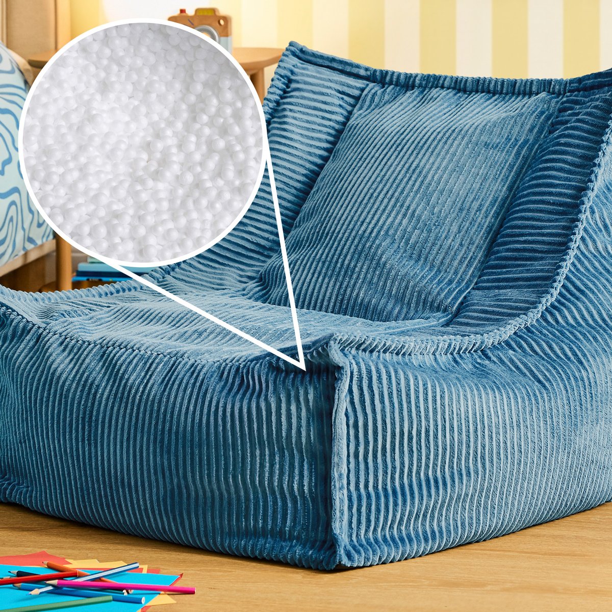 Pouf fauteuil grand enfant en velours côtelé Oeko-Tex® - ALTO bleu jeans, ICON