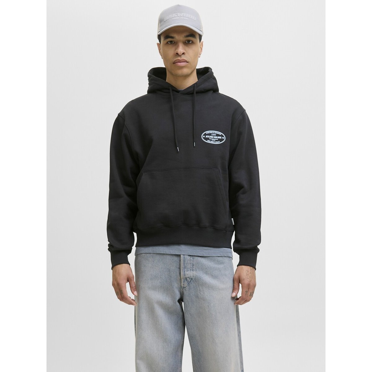 Sweat à capuche imprimé dos noir, JACK & JONES