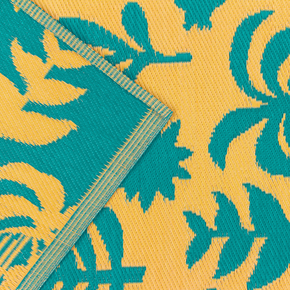 Bright Tropical Woven 100% Recycled Indoor/Outdoor Rug yellow/teal, FURN.