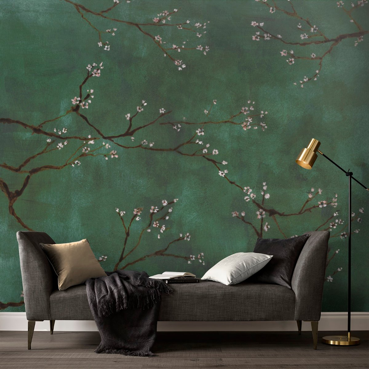 Papier peint panoramique fleuri Cerisiers japonais de printemps vert, ART FOR THE HOME