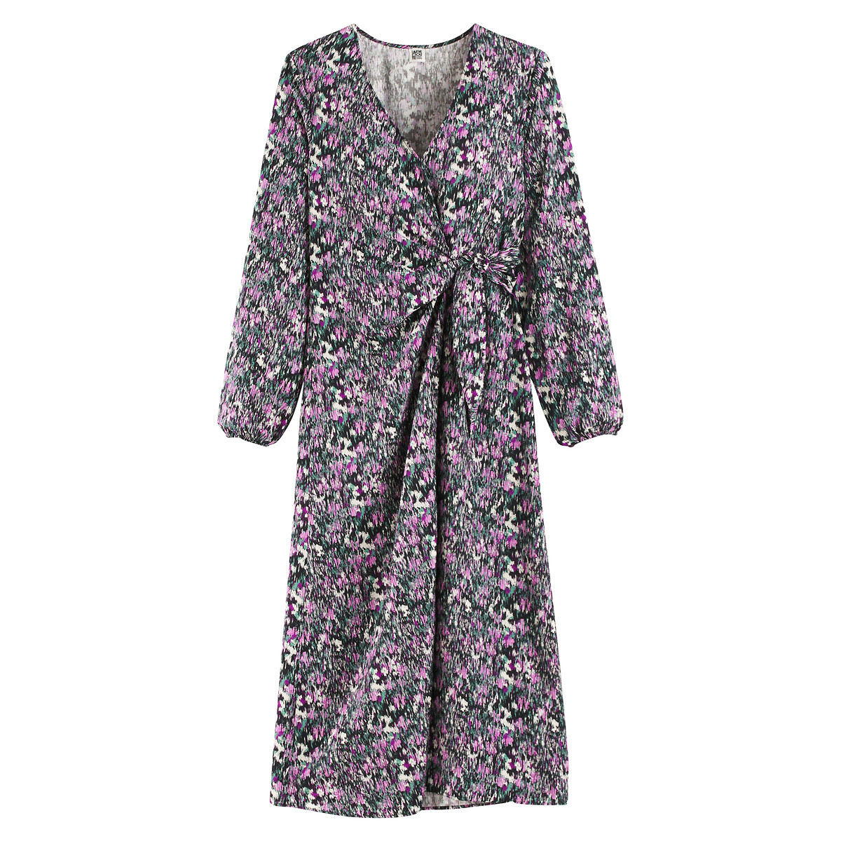 Straight Midi-Length Dress with Print and V-Neck black print/pink, LA REDOUTE COLLECTIONS