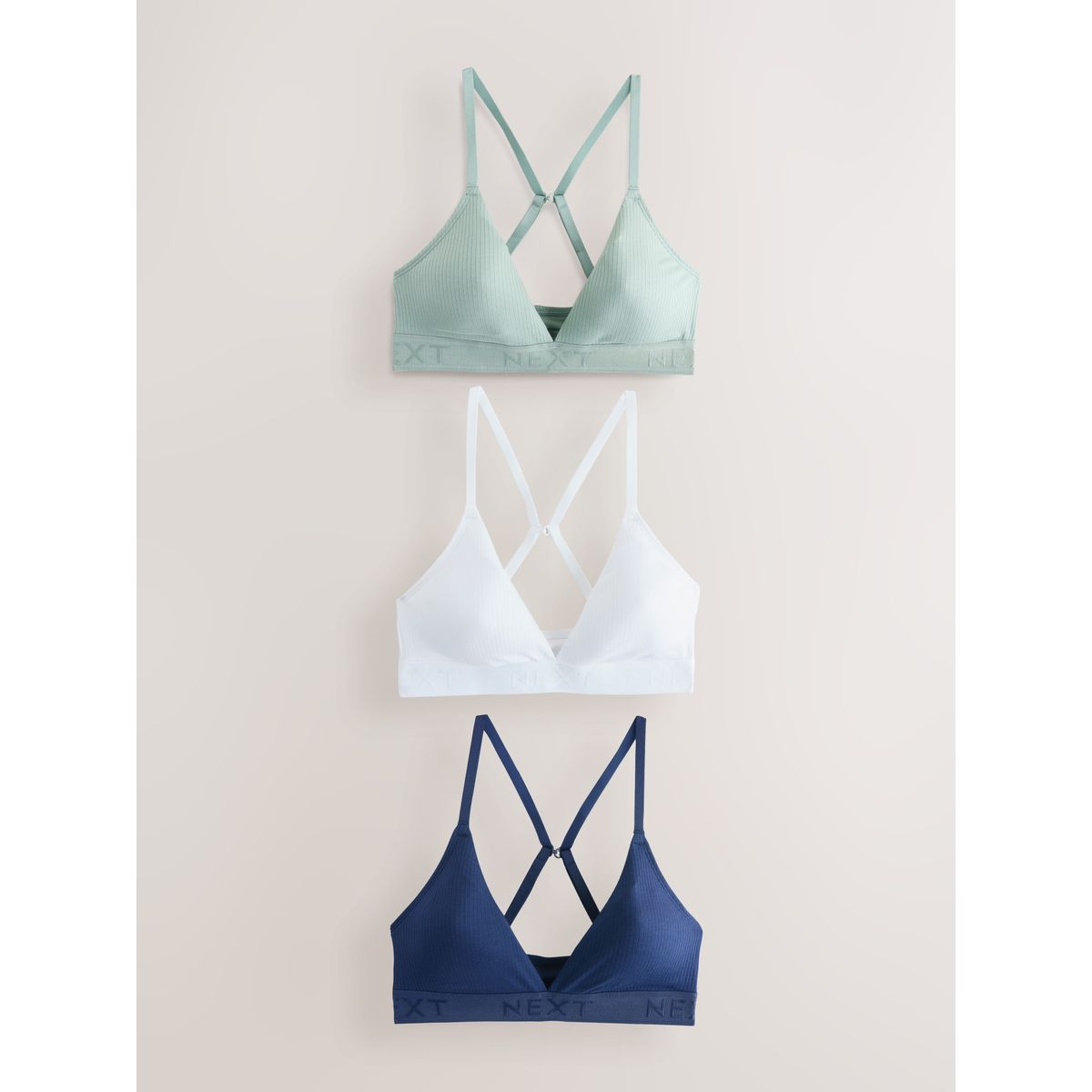 Brassière côtelée en coton à logo, lot de 3 blanc/vert/marine, NEXT