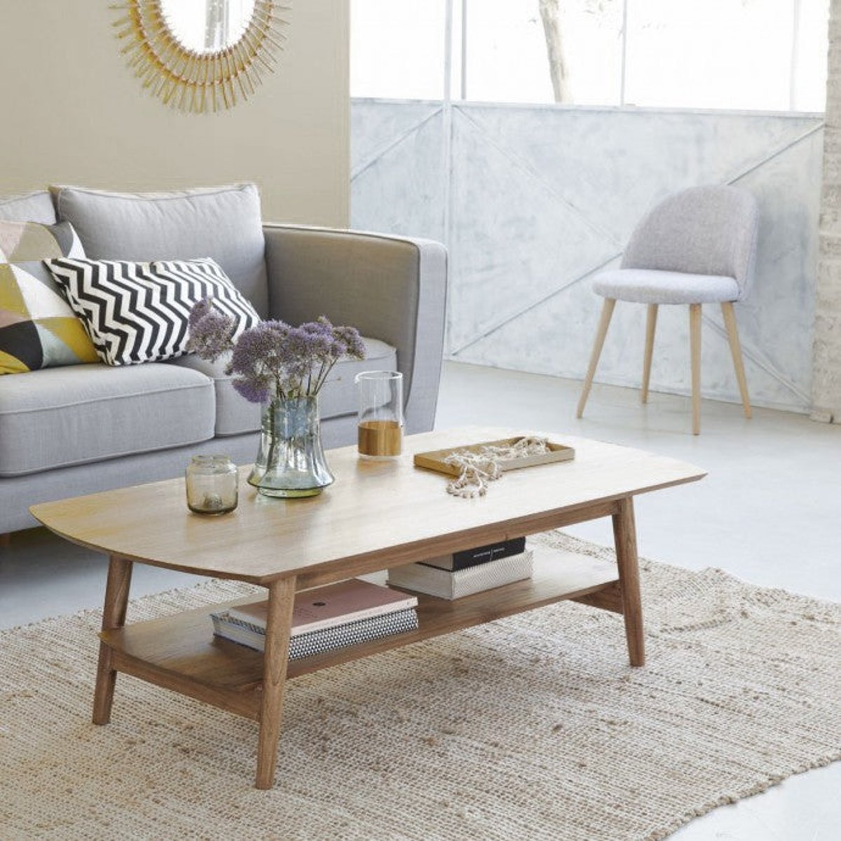 Table basse en bois massif 130 cm double plateau ODDA naturel, BERAH GETAH