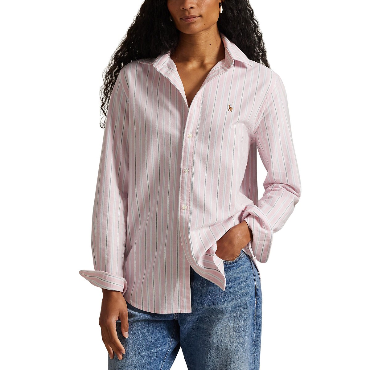 Striped Oxford Cotton Shirt with Long Sleeves pink striped, POLO RALPH LAUREN