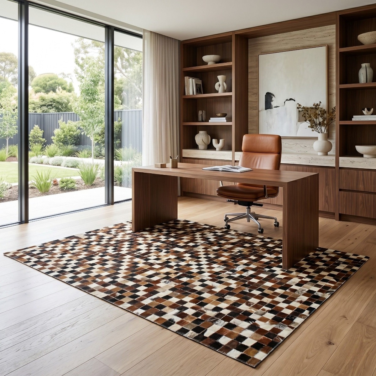 Tapis en cuir recyclé motif damier CUIR damier marron, THE DECO FACTORY