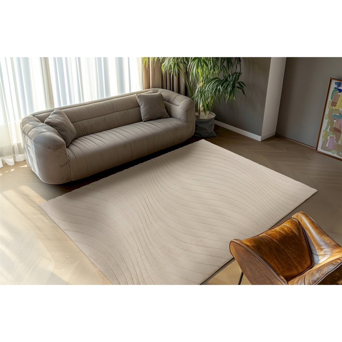 Tapis rectangulaire à relief ondulé moderne beige sable clair uni, ARTE ESPINA