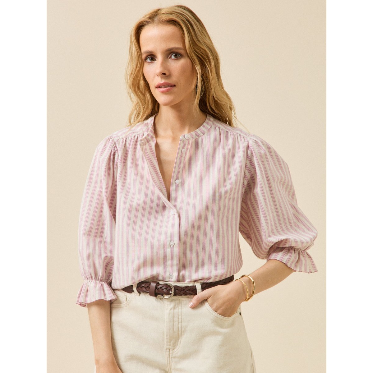 Blouse rayée boutonnée rayure pink/ecru, CYRILLUS