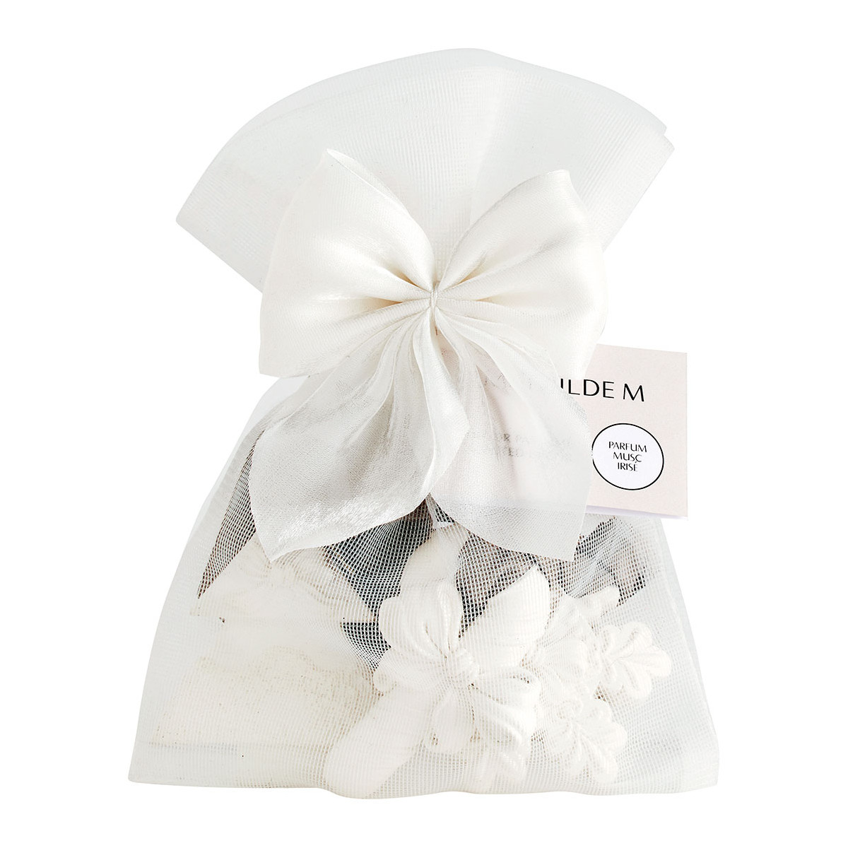 Pochon 3 décors parfumés Musc Irisé RUBANS DE FÊTE blanc, MATHILDE M