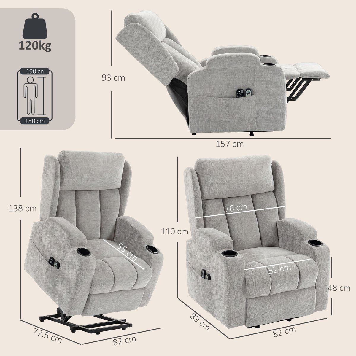 Fauteuil releveur multifonctionnel Chenille gris clair, HOMCOM
