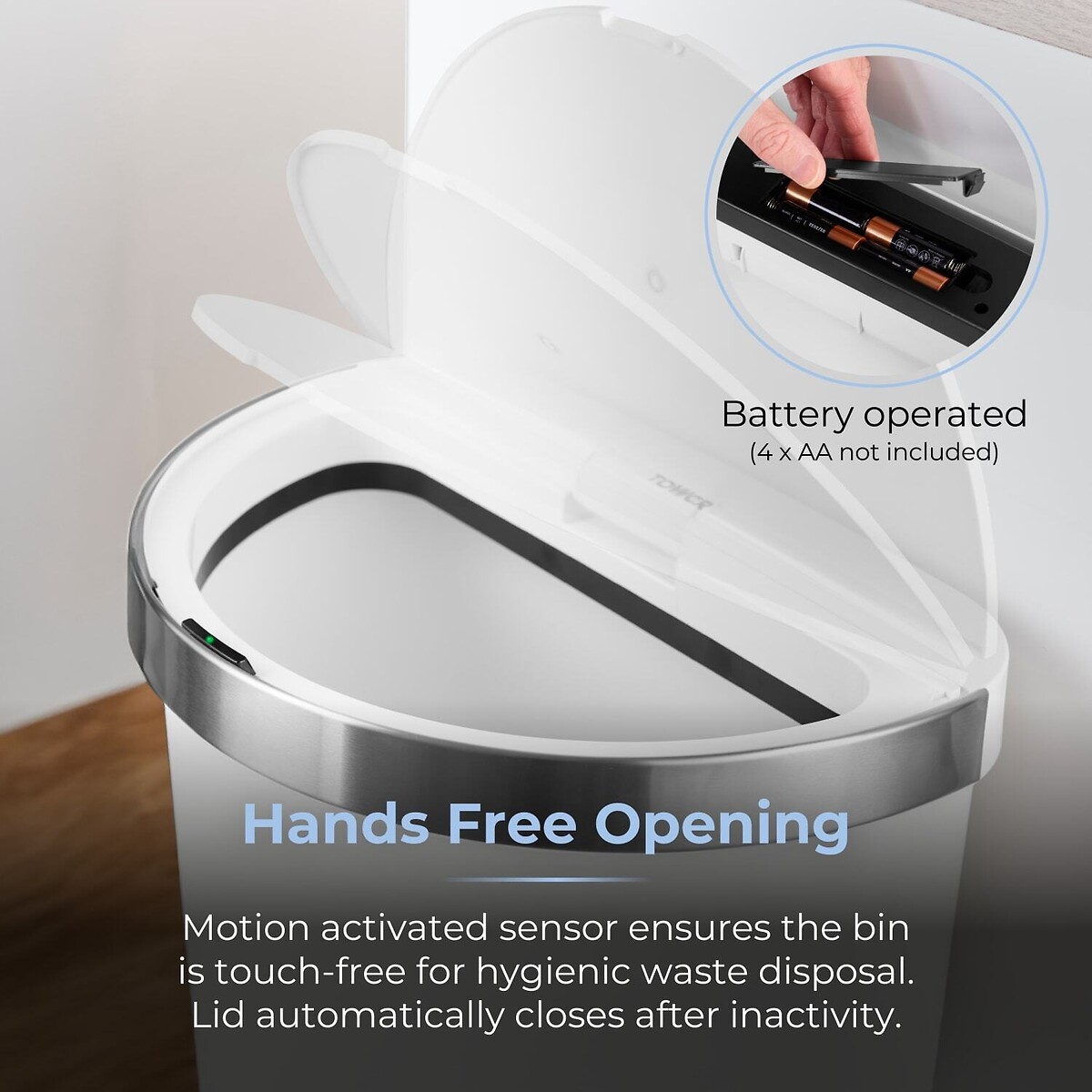 50L Metal Trim Curved Sensor Bin white, TOWER