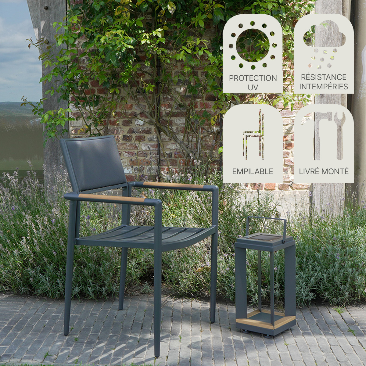 Fauteuil teck massif aluminium PIANA anthracite, WILSA GARDEN