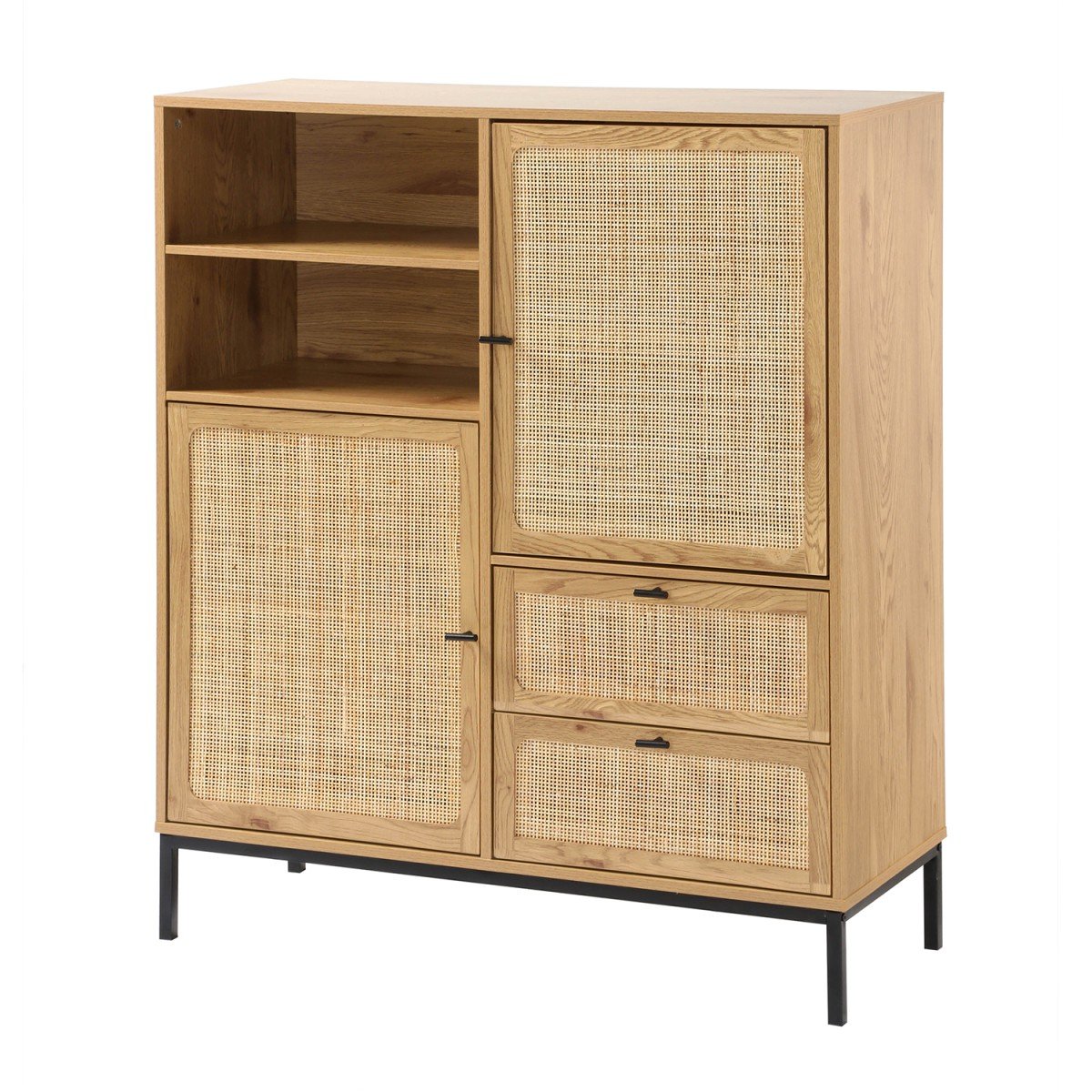 Buffet Haut avec Façades en Rotin Naturel - L100 x H120 cm - JAYA bois clair, CALICOSY