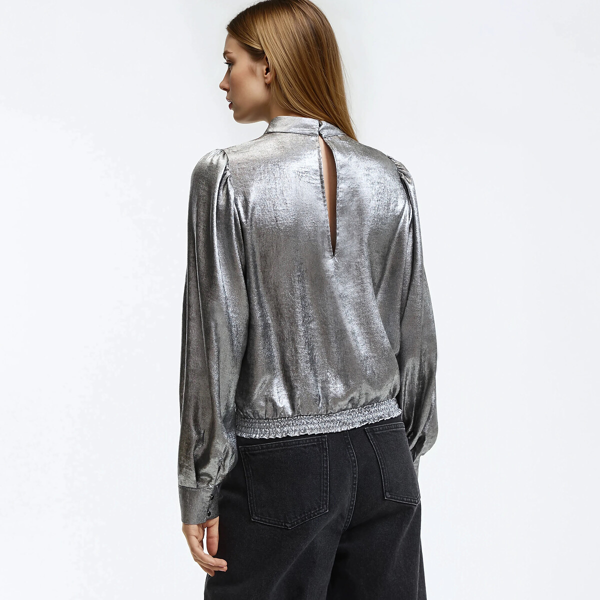 Mandarin Collar Blouse with Long Sleeves silver grey, LA REDOUTE COLLECTIONS