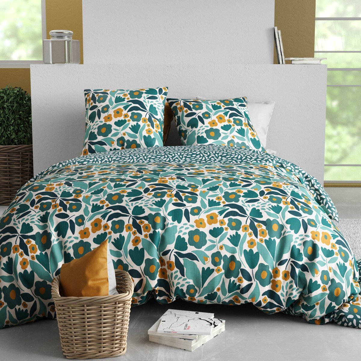 Parure housse de couette en coton imprimée, Mia jaune, C DESIGN HOME TEXTILE