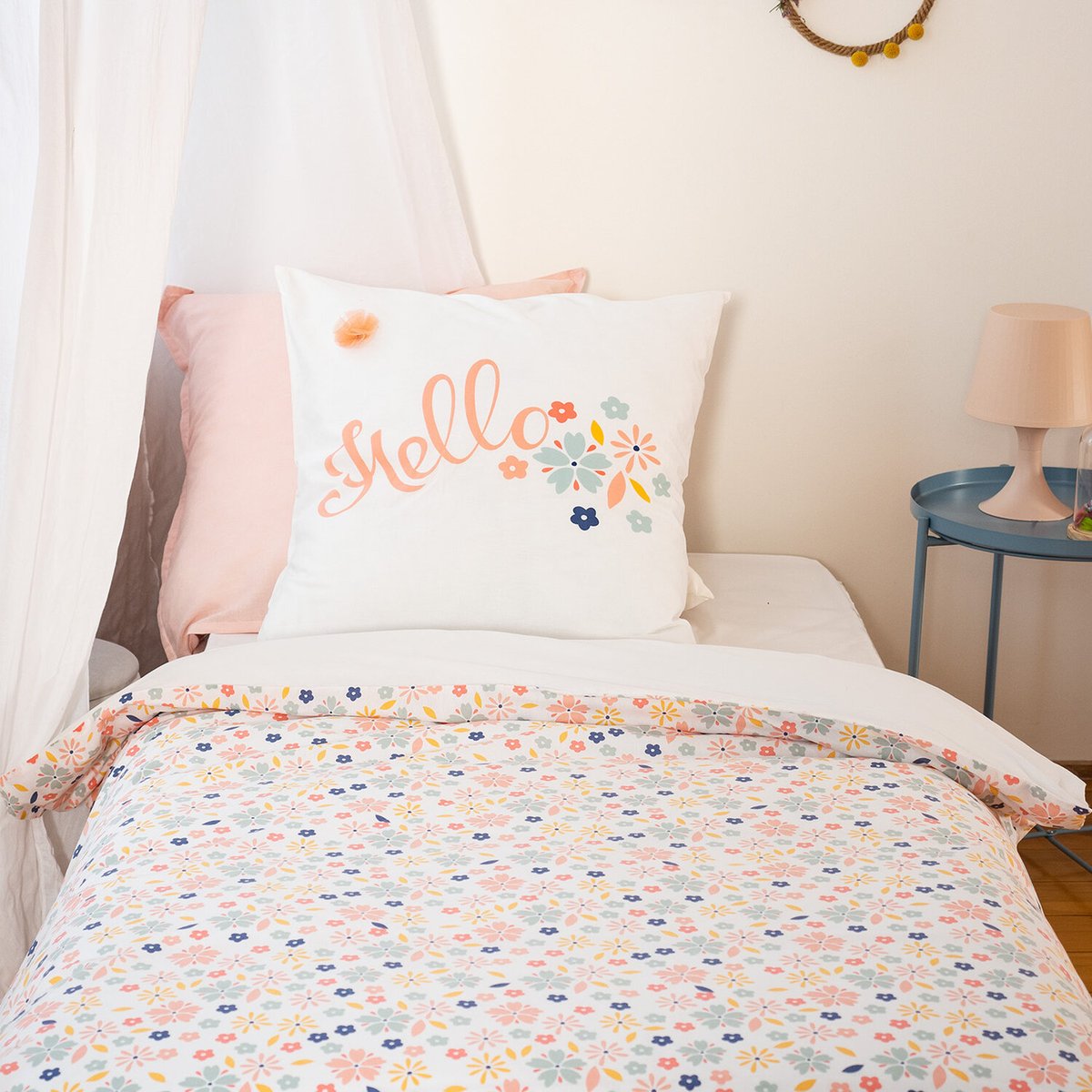 Parure de lit enfant coton, Hello rose, gris, blanc, C DESIGN HOME TEXTILE