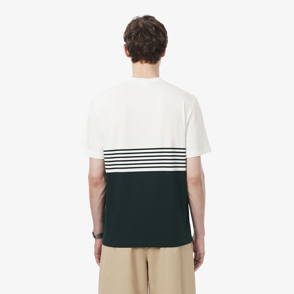 Camiseta de punto a rayas, color-block blanco roto/verde, LACOSTE