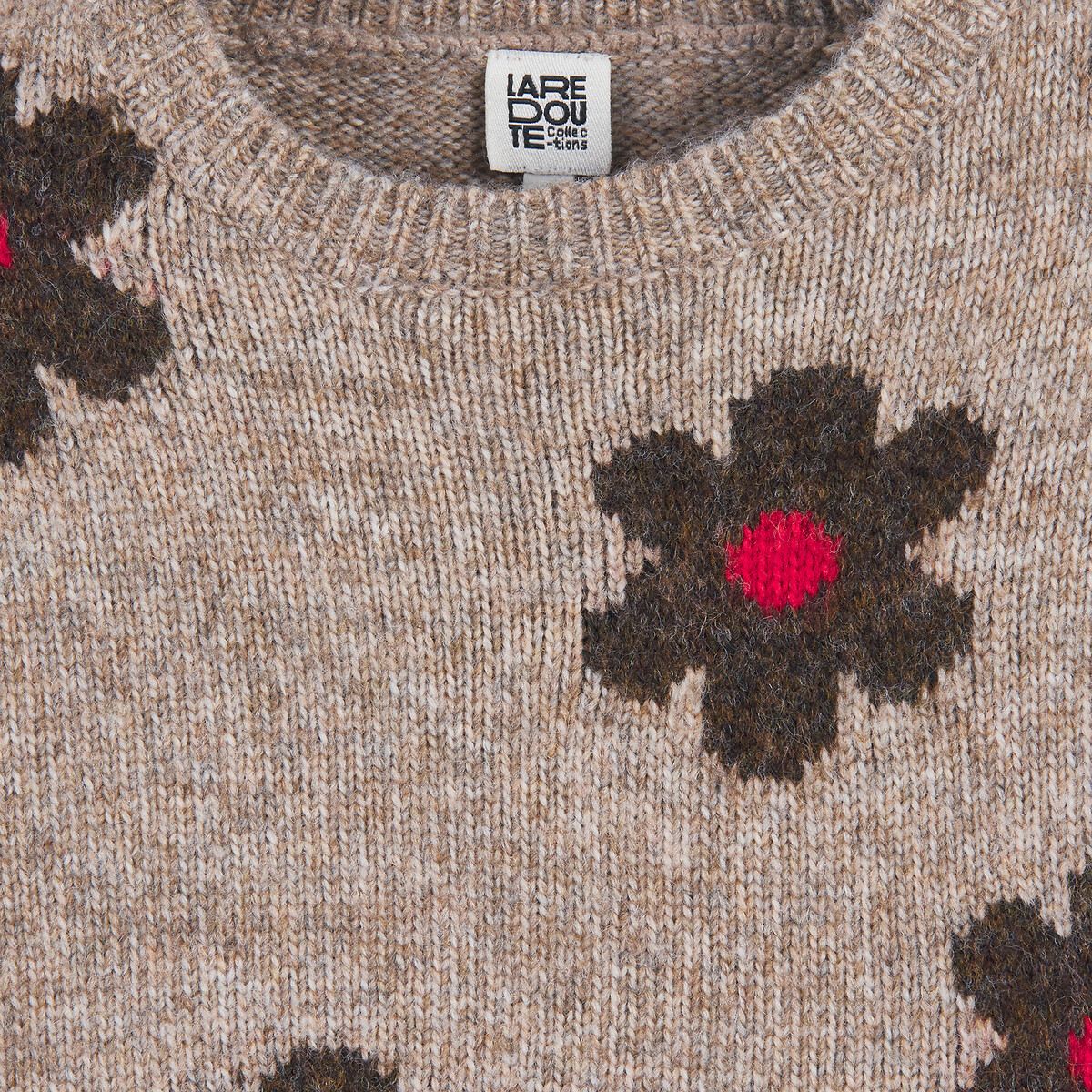 Fine Knit Jumper with Crew Neck and Floral Motif brown, LA REDOUTE COLLECTIONS