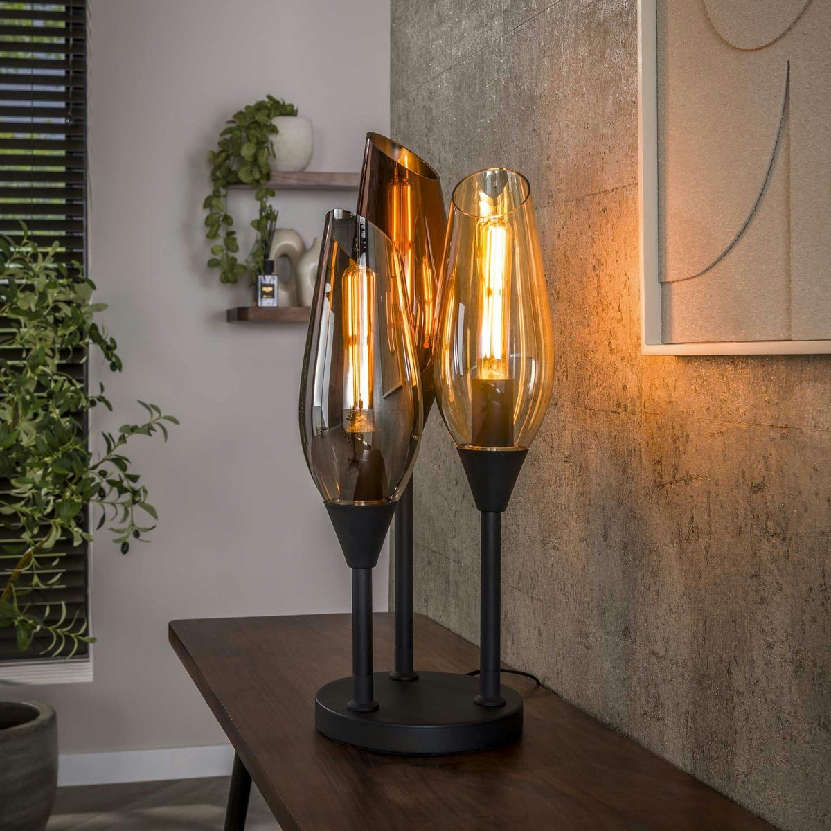 Lampe en verre design, 3 abat-jour torches NIAGARA chrome, PIER IMPORT