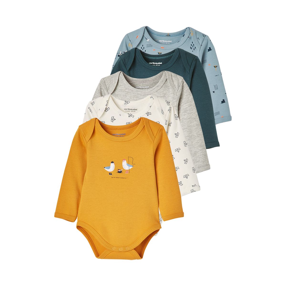 Lot de 5 bodies manches longues emmanchure US lot jaune épicé, VERTBAUDET