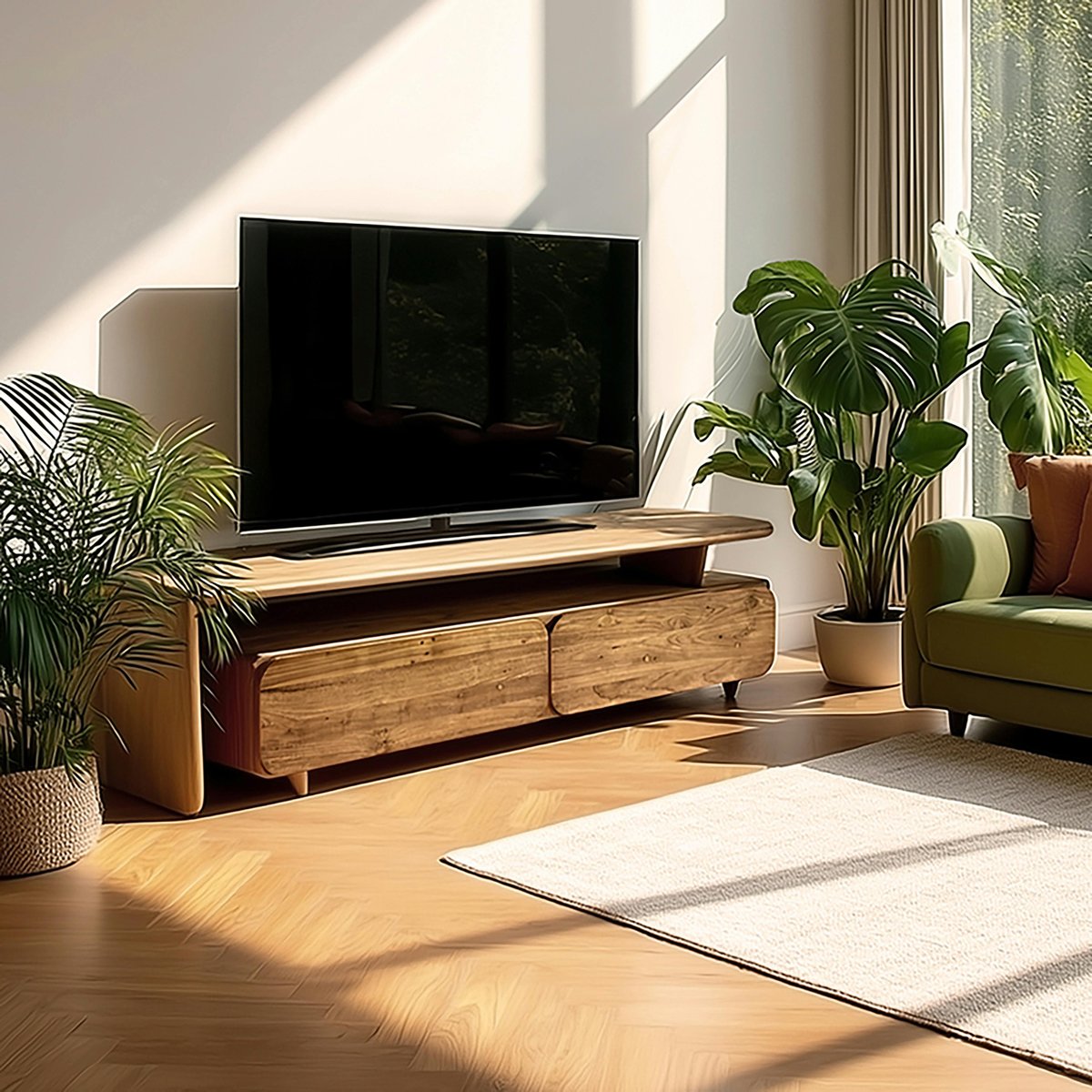 Meuble TV 2 tiroirs 160x40cm en bois de teck recyclé SWING bois naturel, PIER IMPORT