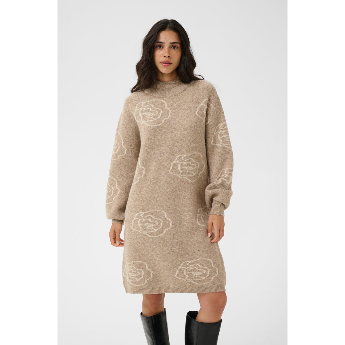 Robe beige taupe gray mel/white flowers, KAFFE
