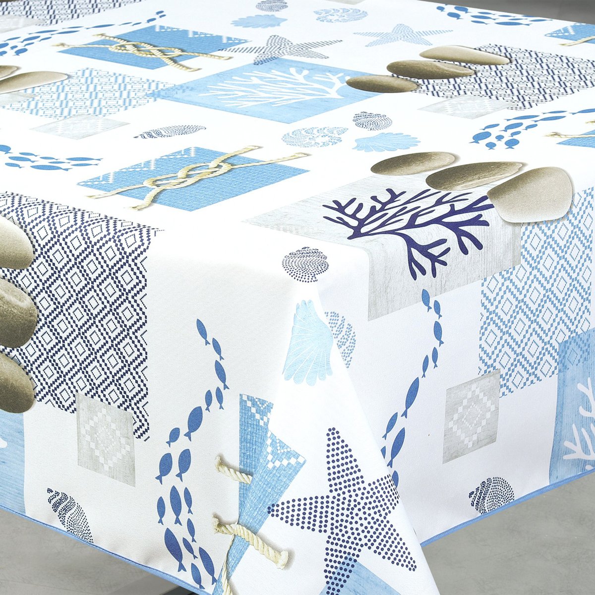 Nappe anti-tâche rectangle motif bord de mer blanc, HOME MAISON