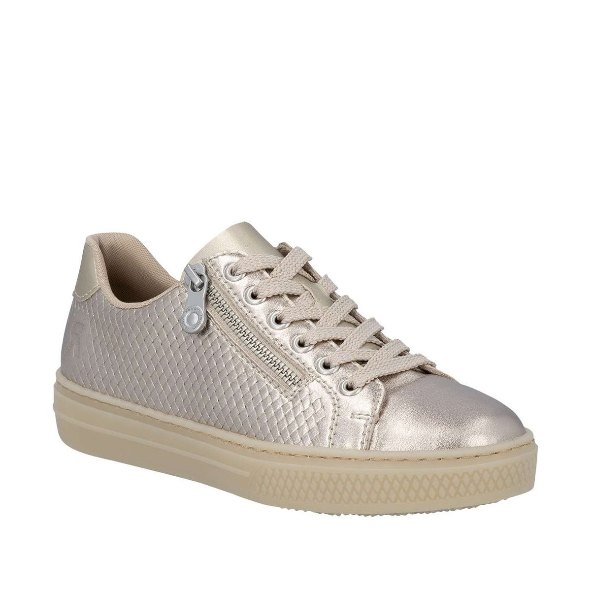 Tennis en cuir perle à talon plat avec des lacets et un zip latéral argenté, RIEKER