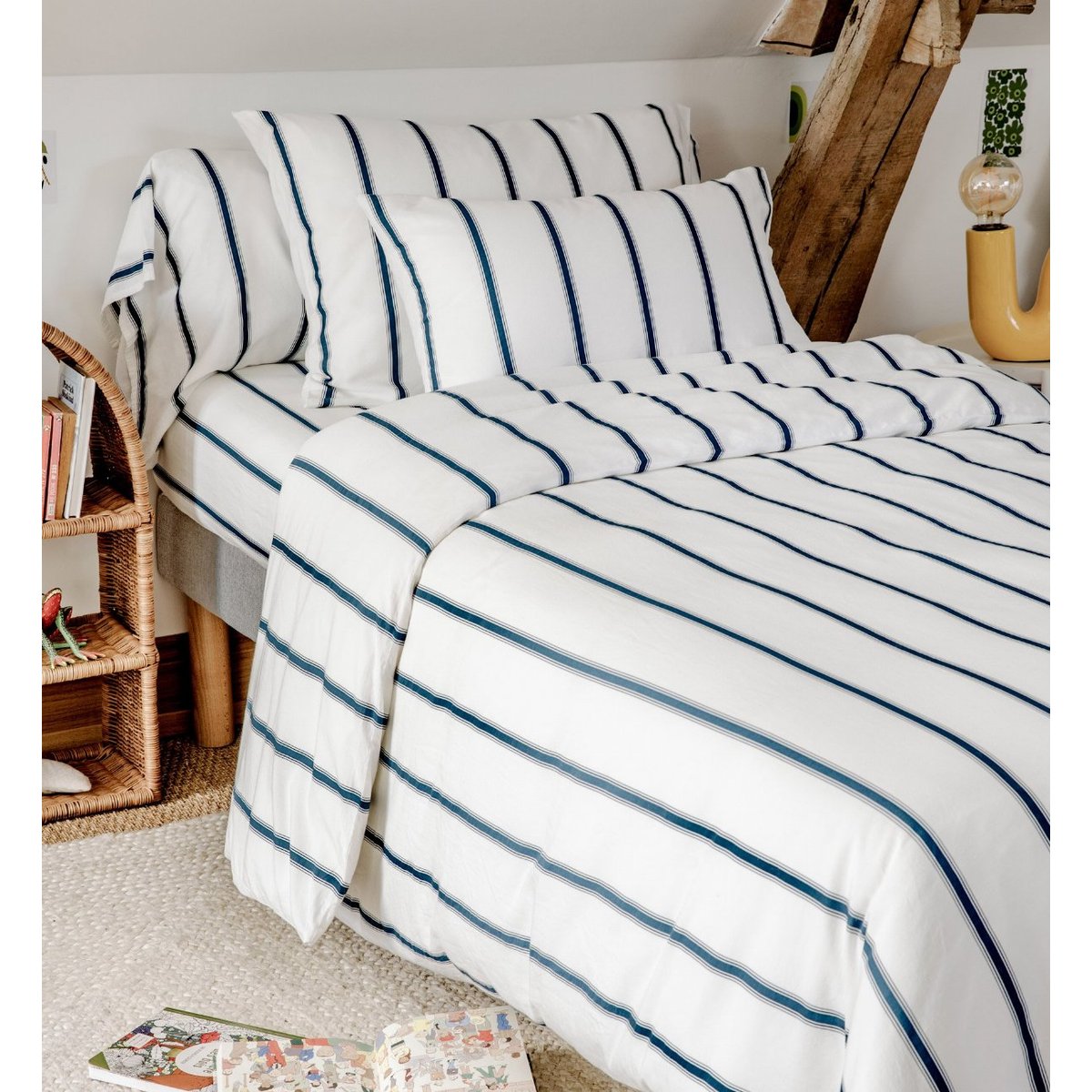Housse de couette 1 personne Coton Bio Rayé BAÏA baïa bleu nuit, KADOLIS