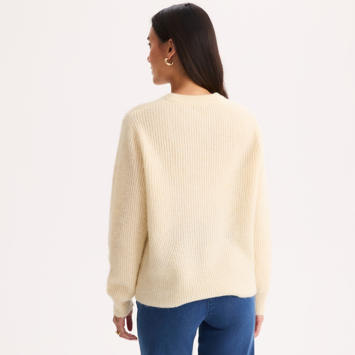 Pull col rond, en grosse maille, en laine et alpaga mélangés ivoire, ANNE WEYBURN