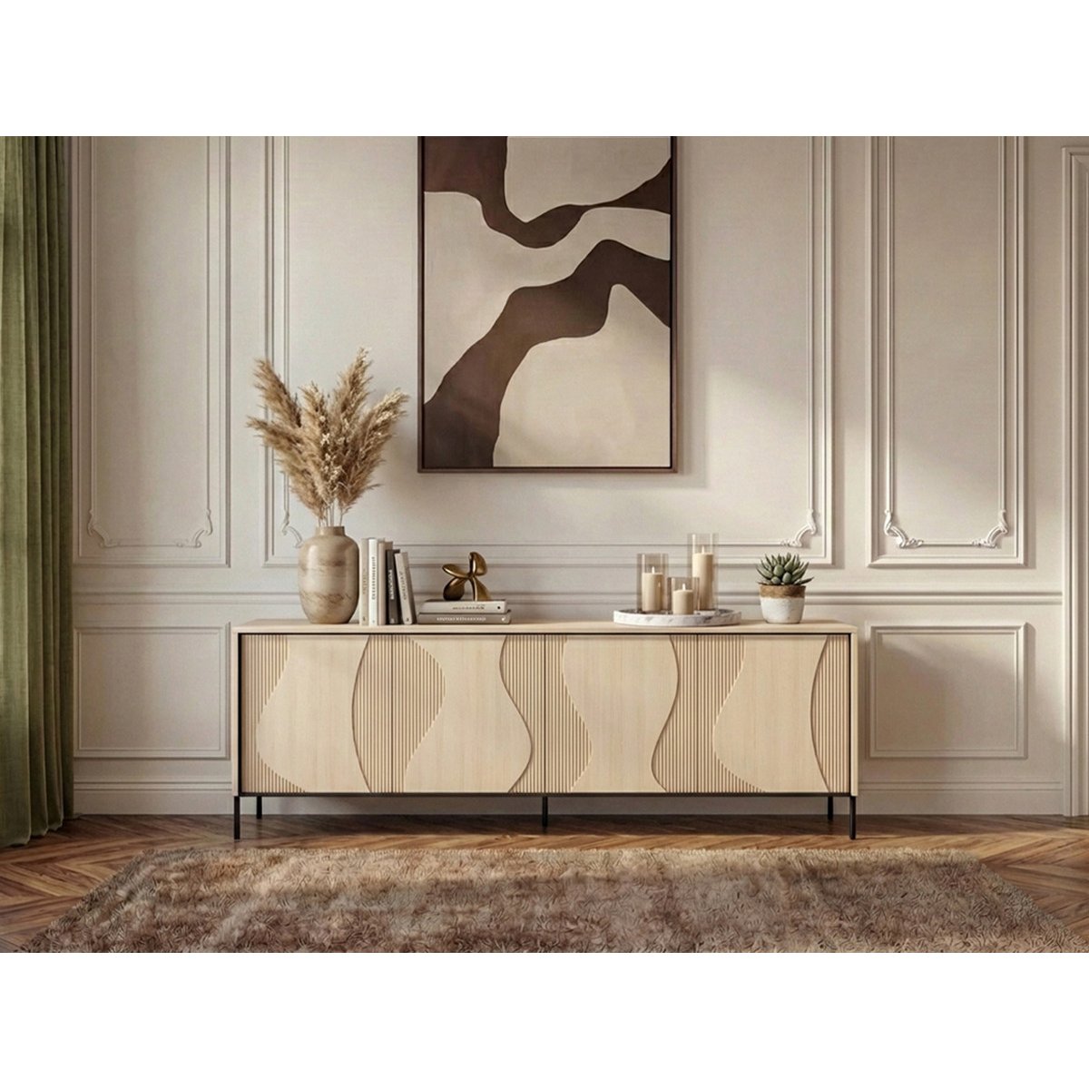 Buffet bas en panneaux de particules et MDF 4 portes 193 cm, FLORE noir et chêne, BOBOCHIC