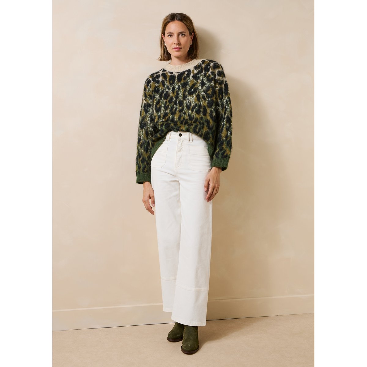 Pull manches longues en jacquard léopard kaki, LA FEE MARABOUTEE