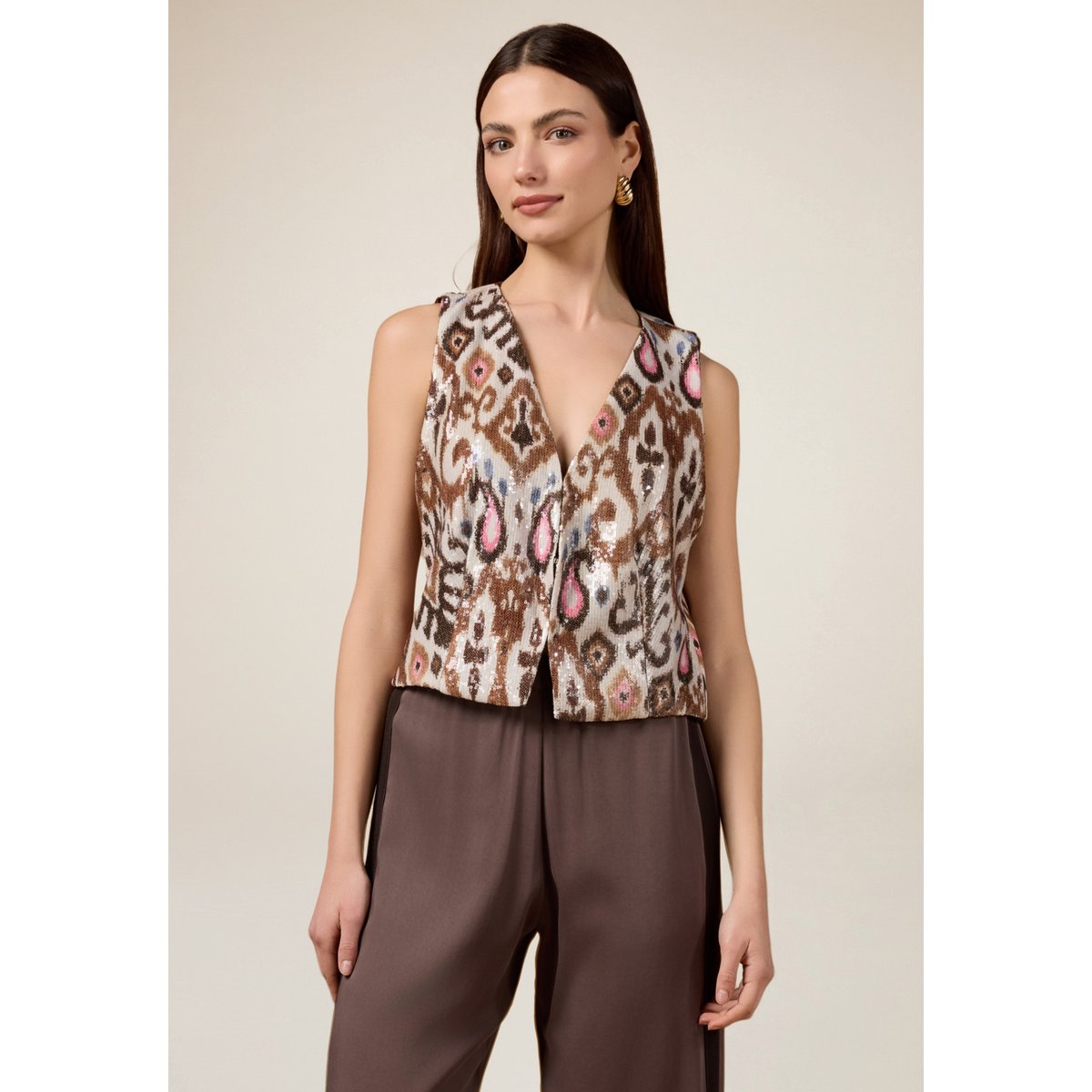 Gilet fantaisie à paillettes beige, OLTRE